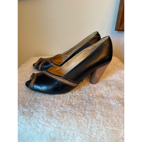 Black Leather Peep Toe Heels Cone Heel Dress Shoes Women's Size 38 - Picture 1 of 6